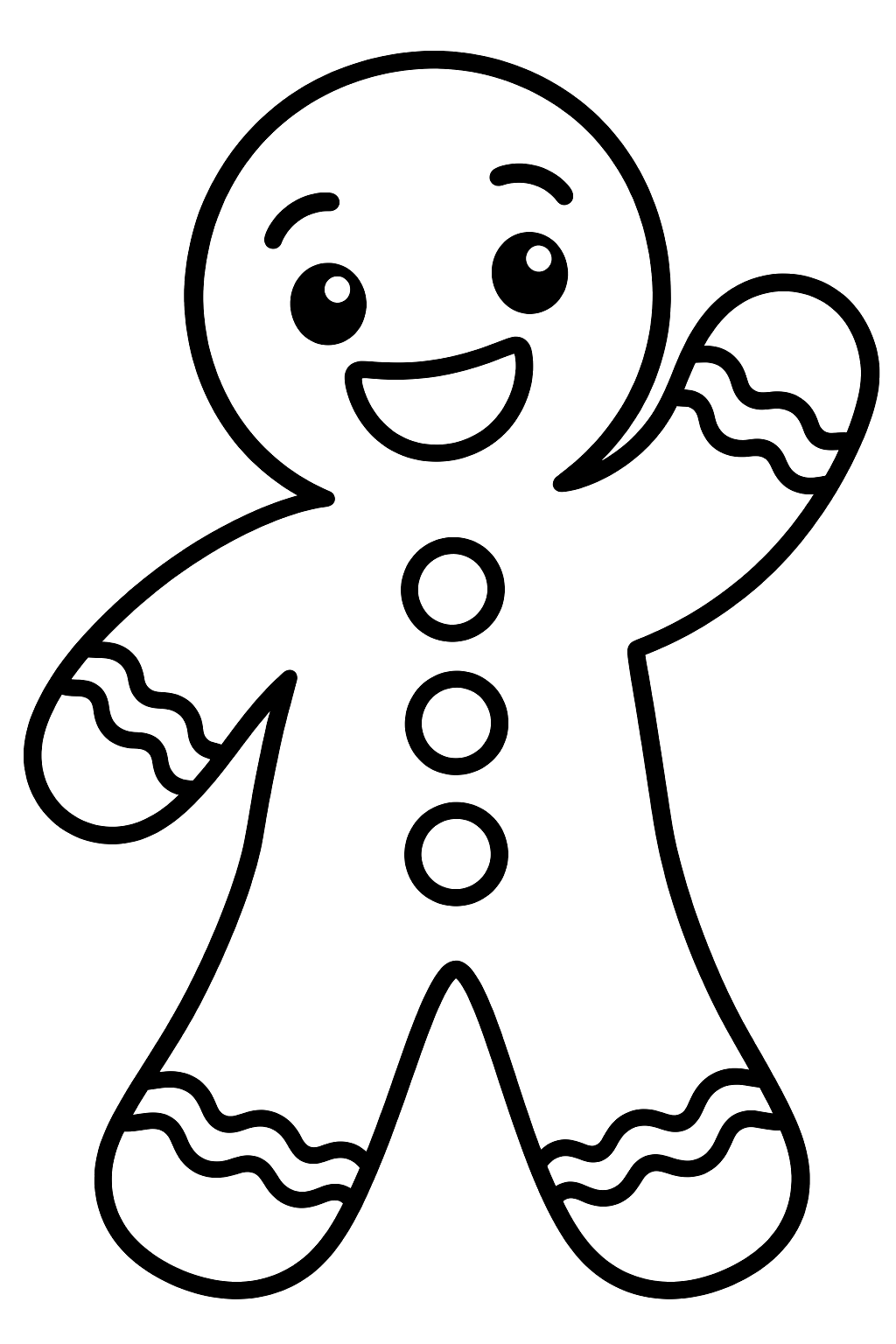 Gingerbread man waving hello with icing buttons and a big smile coloring page
