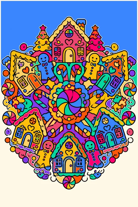 Gingerbread village arranged in a circular mandala with candy trims and ornate icing details coloring page