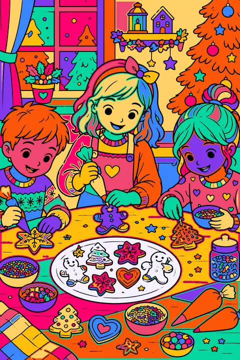 Children decorating gingerbread cookies at a table with icing bags and sprinkles coloring page