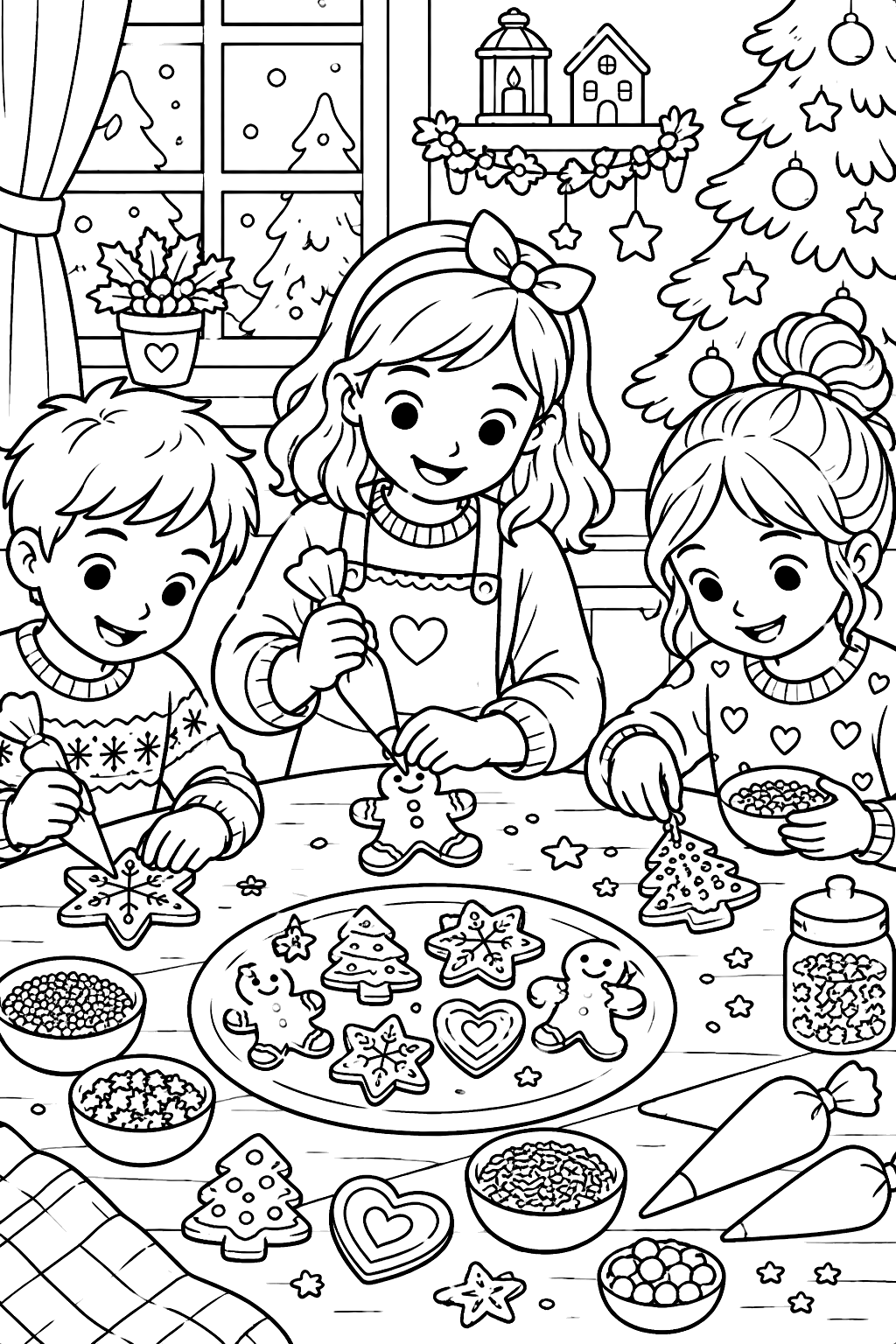 Children decorating gingerbread cookies at a table with icing bags and sprinkles coloring page