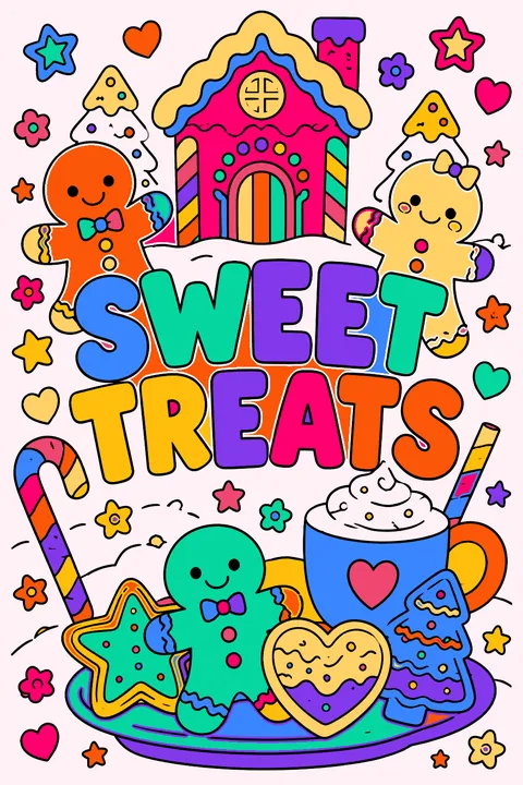 Big outline letters spelling sweet treats surrounded by gingerbread cookies coloring page