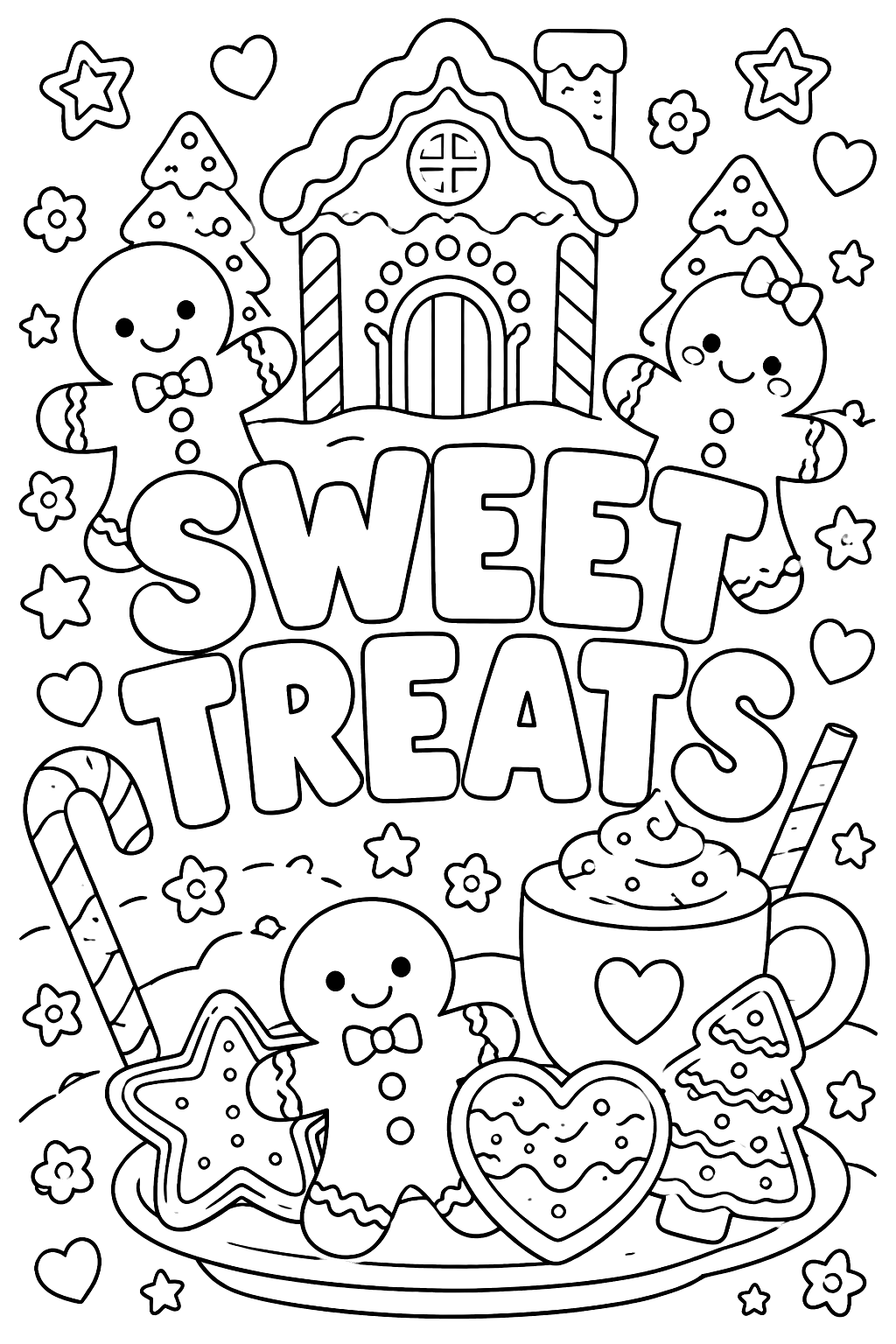 Big outline letters spelling sweet treats surrounded by gingerbread cookies coloring page