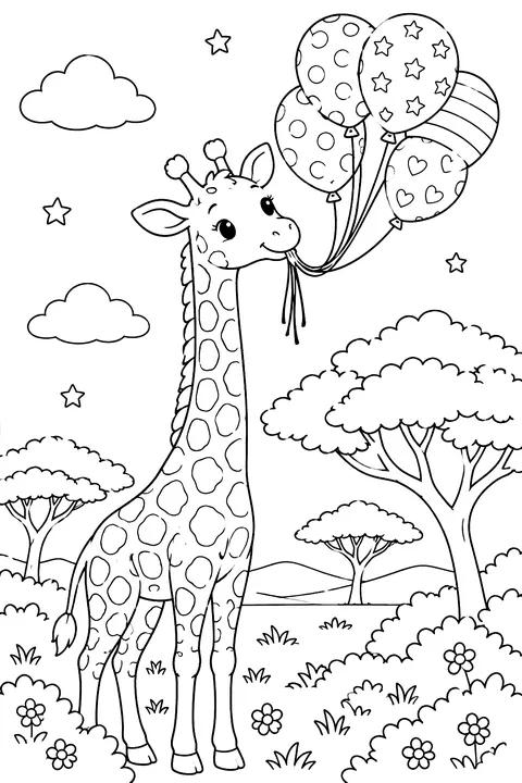 Giraffe With Balloons coloring page