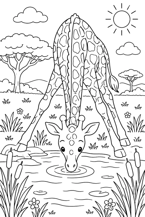 Giraffe at the Watering Hole coloring page