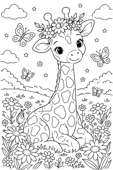 Giraffe With a Flower Crown coloring page