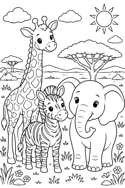 Giraffe and Safari Friends coloring page