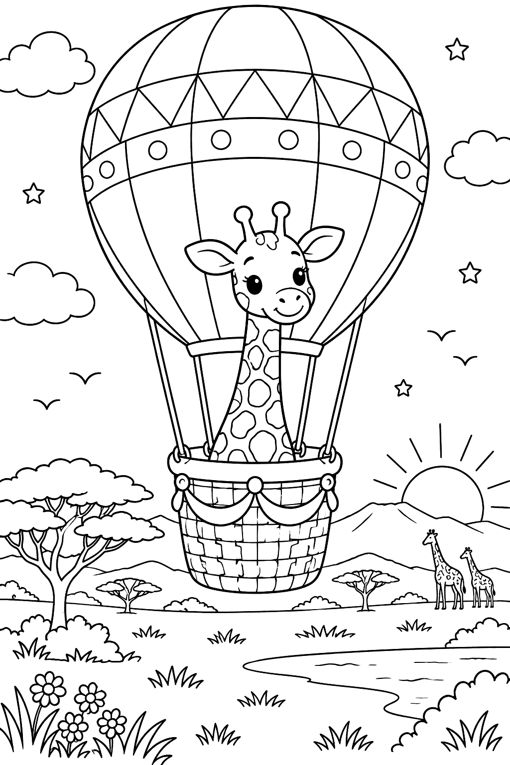 Giraffe in a Hot Air Balloon coloring page