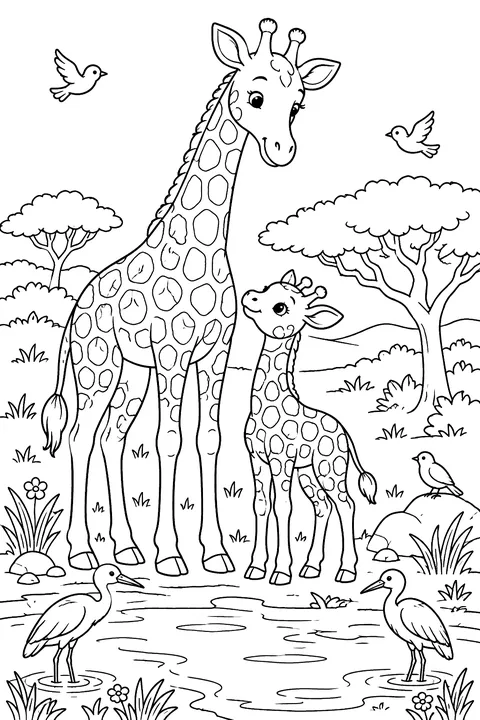 Mother Giraffe and Calf coloring page