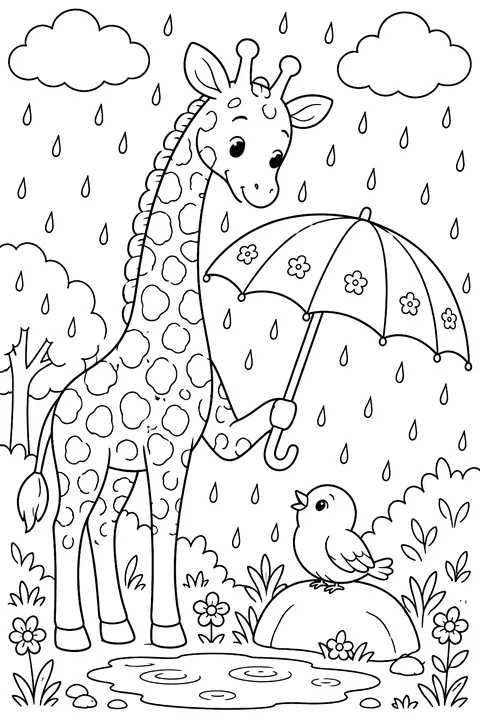 Giraffe With an Umbrella coloring page