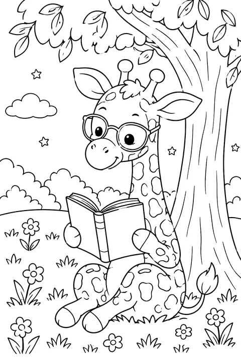 Giraffe Reading a Book coloring page