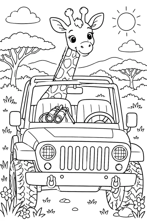 Giraffe and the Safari Jeep coloring page