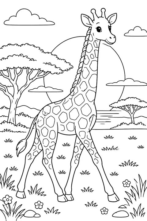 Giraffe at Sunset coloring page