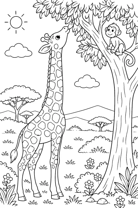 Giraffe Reaching the Treetop coloring page
