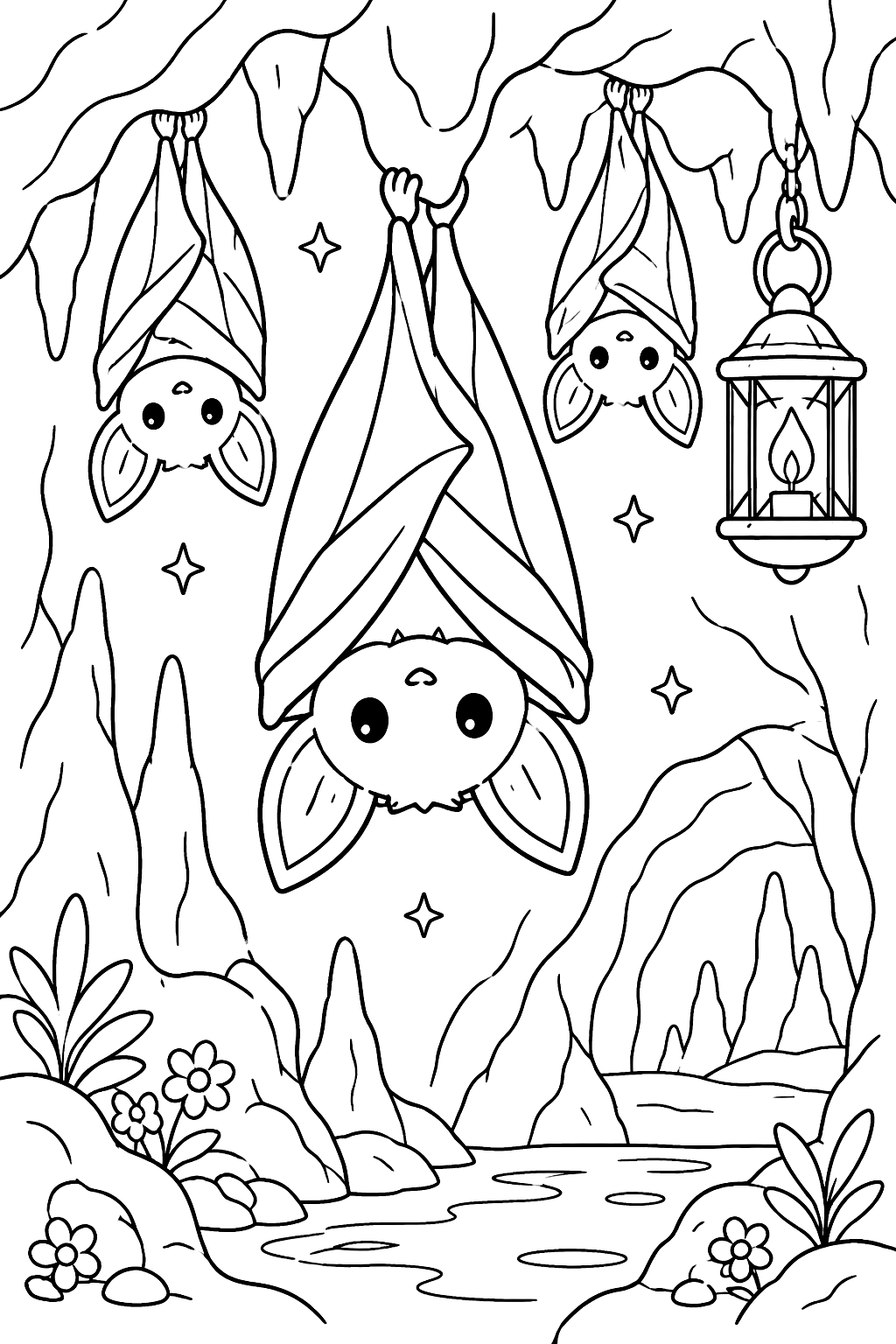 bats hanging in a cave with a lantern coloring page