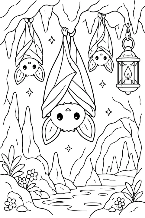 bats hanging in a cave with a lantern coloring page