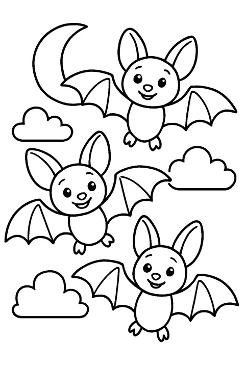 Three cartoon bats flying past a crescent moon coloring page