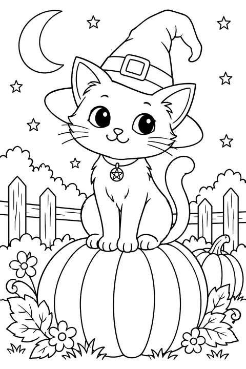 a black cat sitting on a pumpkin with a witch hat coloring page