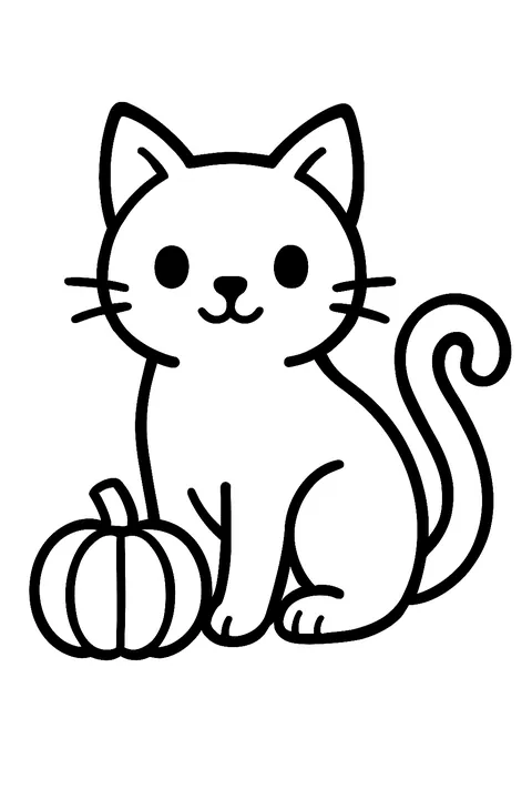 Cute cat sitting next to a small pumpkin coloring page