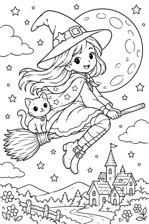 a cute witch flying on a broom past the moon coloring page