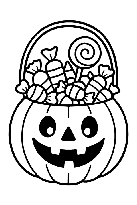 Pumpkin bucket full of Halloween candy coloring page