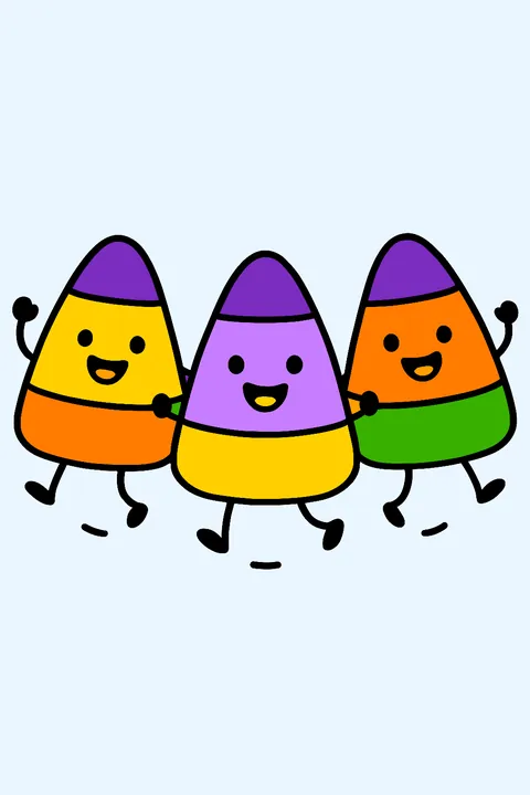 Three smiling candy corn pieces dancing coloring page