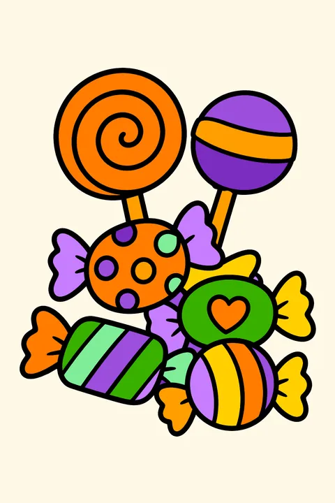 a pile of wrapped candies and lollipops coloring page