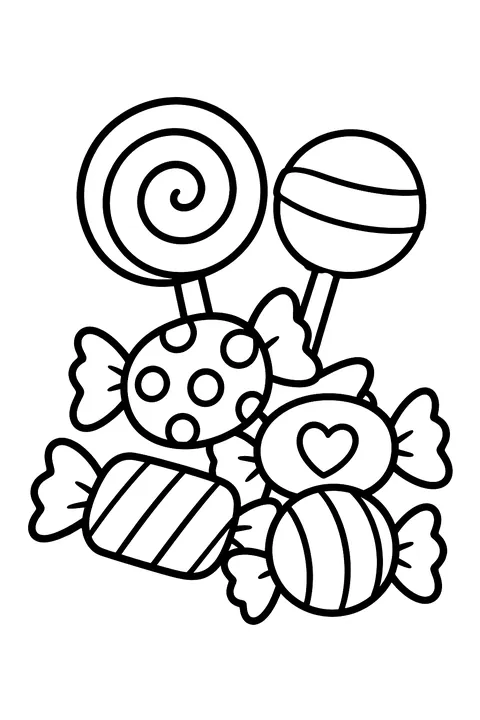 a pile of wrapped candies and lollipops coloring page