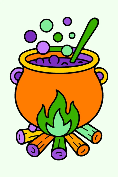 Witch's cauldron bubbling over a campfire coloring page
