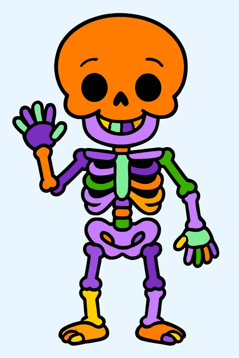 Friendly cartoon skeleton waving hello coloring page