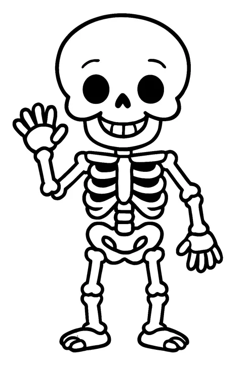 Friendly cartoon skeleton waving hello coloring page