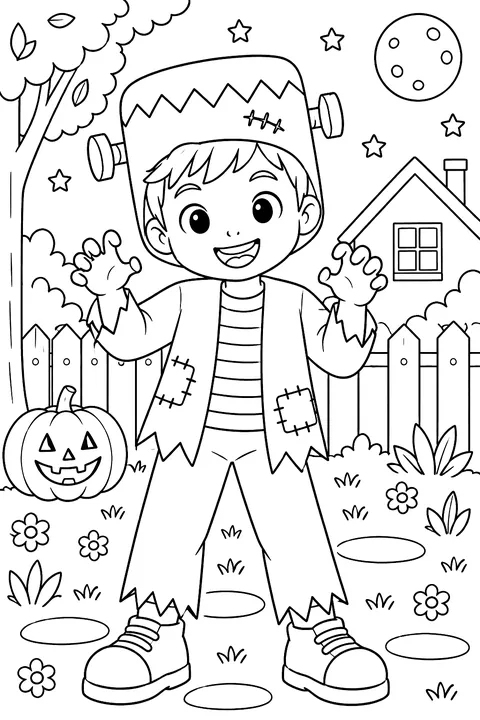a kid dressed as a friendly monster with bolts, no brand coloring page