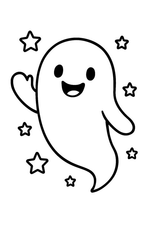Cute smiling ghost waving among stars coloring page
