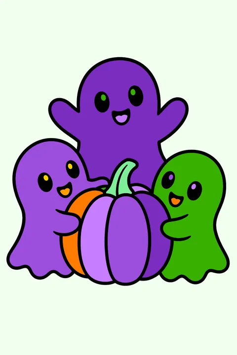 three cute ghosts playing with a pumpkin coloring page