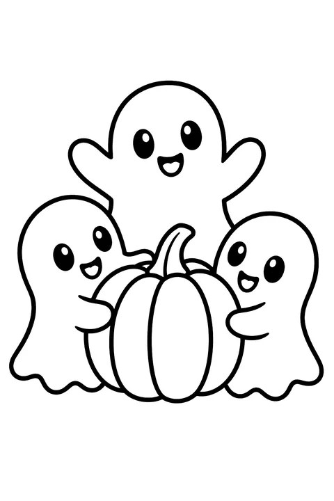 three cute ghosts playing with a pumpkin coloring page