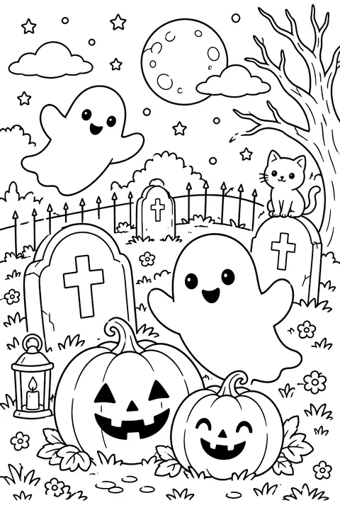 a cute graveyard with smiling ghosts and pumpkins coloring page