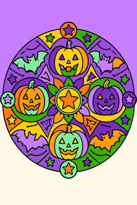 a round mandala of pumpkins, bats and stars coloring page