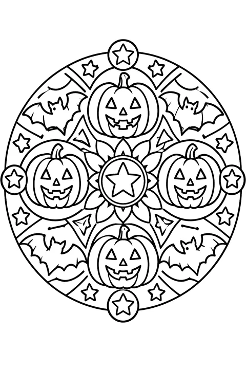 a round mandala of pumpkins, bats and stars coloring page