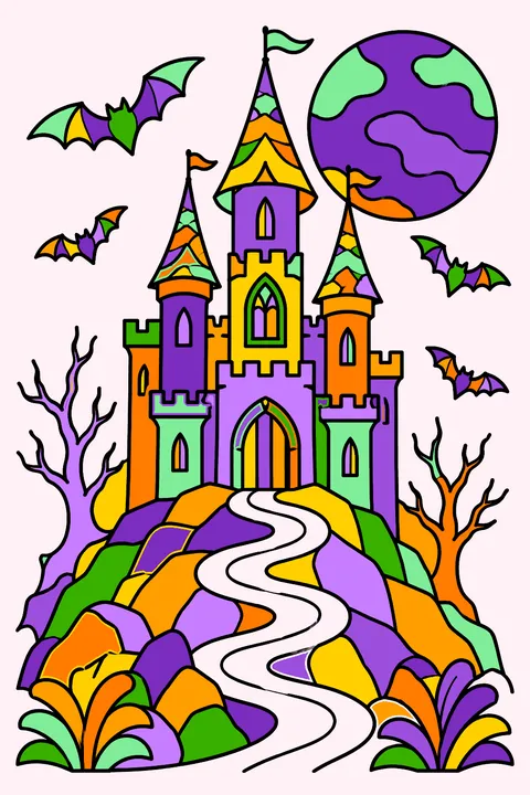 a spooky castle on a hill with bats and a moon coloring page