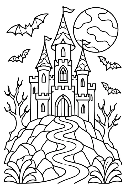 a spooky castle on a hill with bats and a moon coloring page