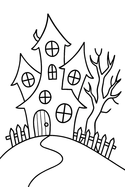 Haunted house on a hill with a bare tree and fence coloring page