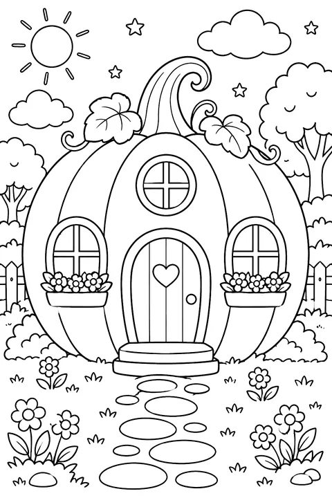 a house made from a giant pumpkin with windows coloring page