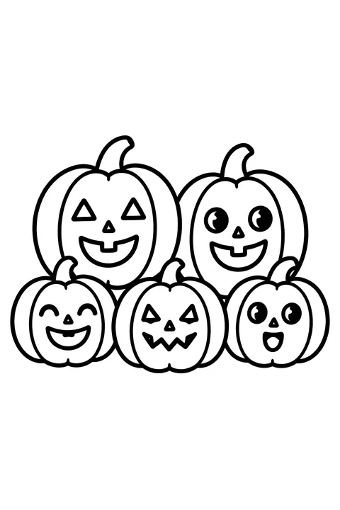 a row of carved pumpkins with different faces coloring page