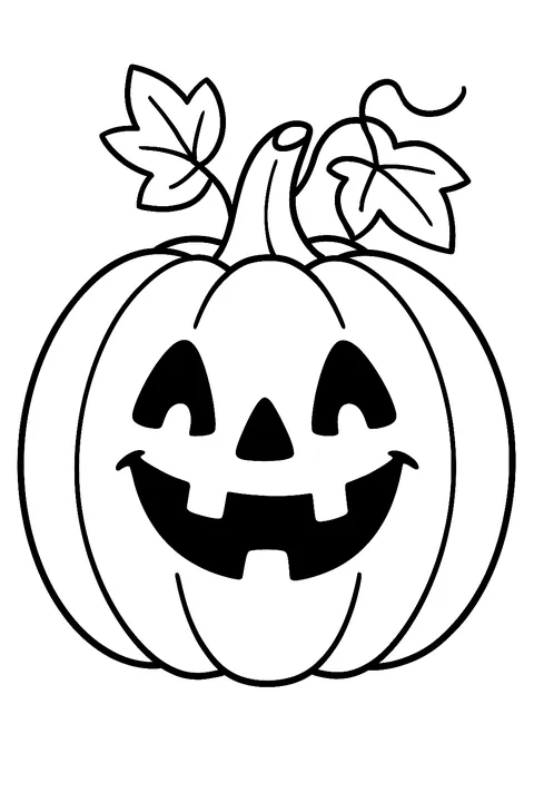 Smiling jack-o'-lantern with a curly vine and leaves coloring page