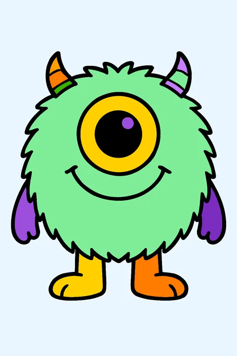 Fuzzy one-eyed monster with small horns coloring page