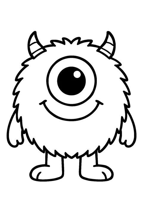 Fuzzy one-eyed monster with small horns coloring page