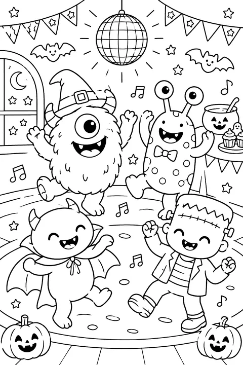 cute monsters dancing at a Halloween party coloring page