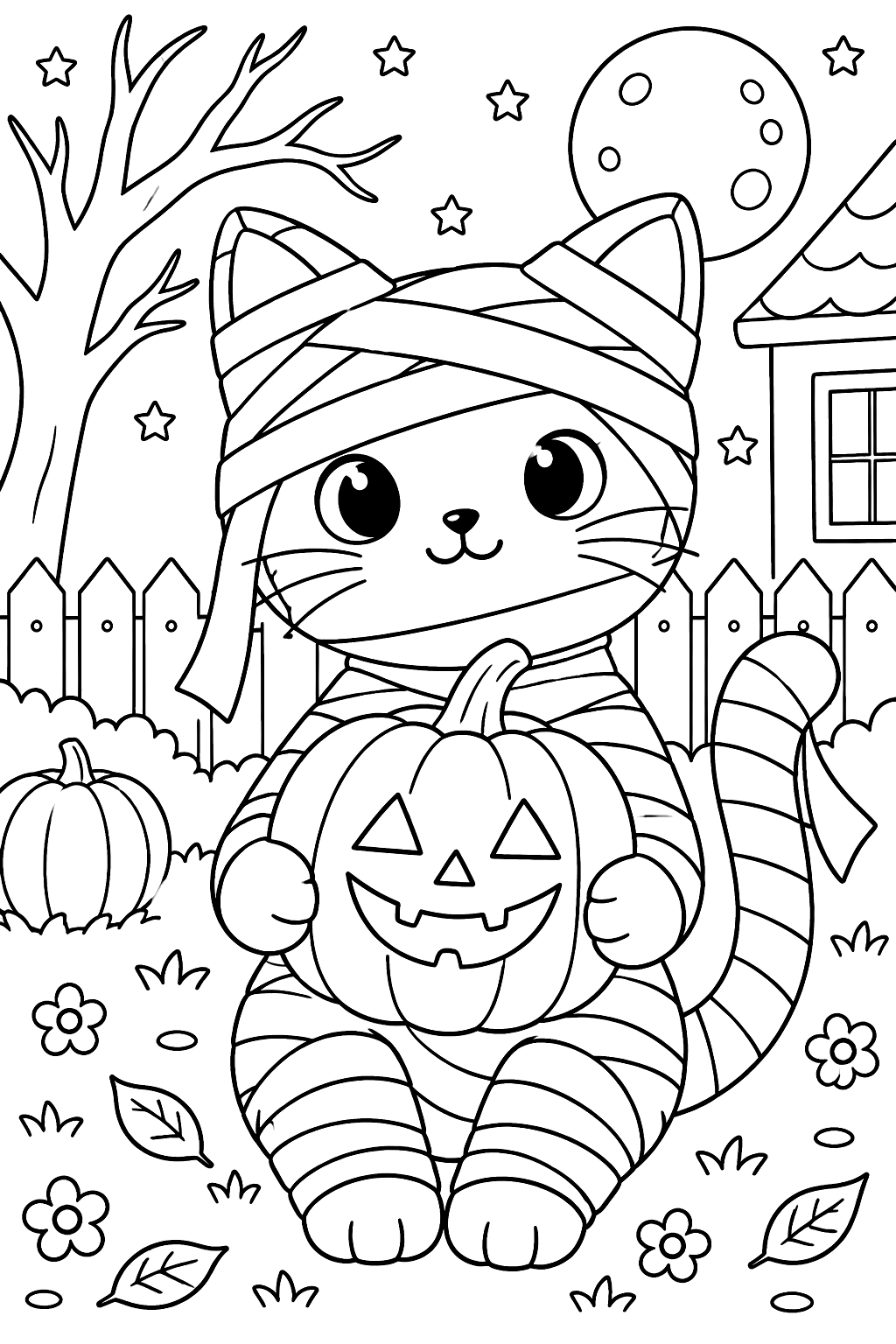 a cat wrapped like a mummy with a pumpkin coloring page