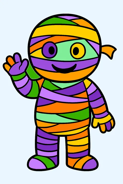 Cartoon mummy waving with one arm coloring page