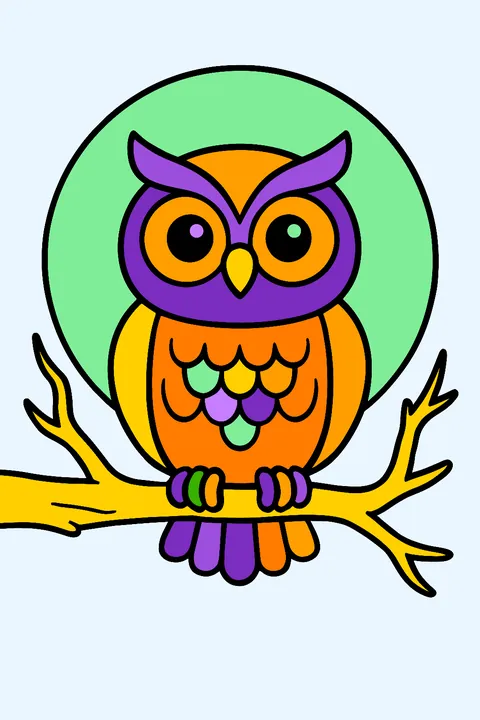 Owl on a tree branch in front of a full moon coloring page