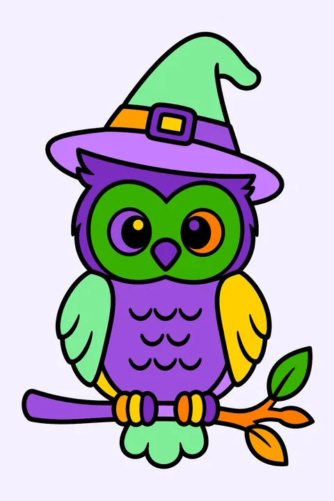 an owl wearing a witch hat on a branch coloring page